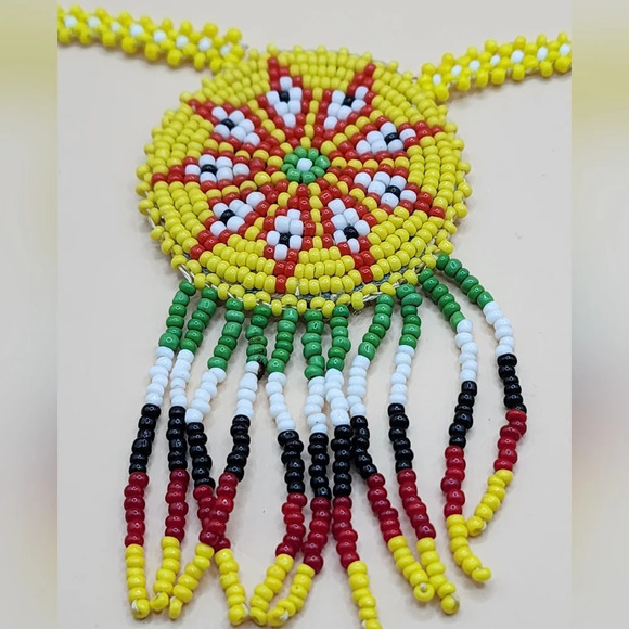 Native American Beaded Flower Necklace Leather Back Handmade Yellow Red Green - Picture 1 of 7